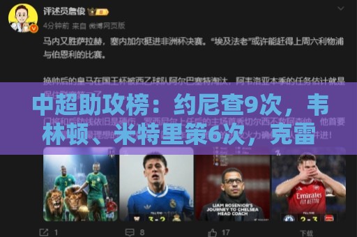 中超助攻榜：约尼查9次，韦林顿、米特里策6次，克雷桑、瓦科5次